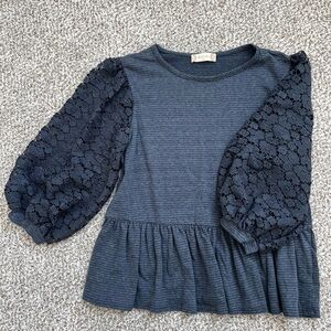 Altar’d State Blue Peplum Blouse with Lace Sleeves